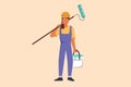 Business flat drawing cute handywoman or painter standing with bucket and paint roller. Professional repairwoman in overalls