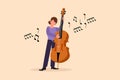 Business flat drawing double bass player standing with big string instrument. Woman musician playing classical music with fingers