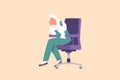 Business flat drawing frustrated Arabian businesswoman holding head sitting alone on the chair at office. Regret on business