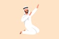Business flat drawing happy Arab businessman kneeling with celebrating goal pose. Worker celebrate success of increasing company