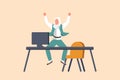 Business flat drawing happy Arab businesswoman jumping with raised hands near desk workplace. Cute manager celebrating success of Royalty Free Stock Photo