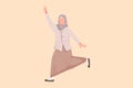 Business flat drawing happy Arab businesswoman jumping with spreads both legs and raises one hand. Office worker celebrate
