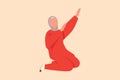 Business flat drawing happy Arab businesswoman kneeling with goal pose. Female manager celebrate success of increasing company