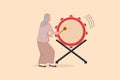 Business flat drawing happy Arab woman hitting bedug or traditional drum for suhoor and iftar time Ramadan. Muslim person calling