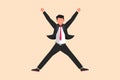 Business flat drawing happy businessman jumping with spread his arms and legs. Office worker celebrate success company project.