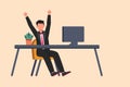 Business flat drawing happy businessman sitting with raised hands near table and computer. Office worker celebrates salary