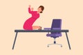 Business flat drawing happy businesswoman kneeling with celebrating goal pose on table desk. Beautiful office worker celebrate