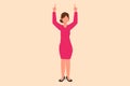 Business flat drawing happy businesswoman standing with both hands pointing index fingers up. Beauty worker celebrate salary