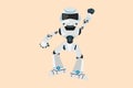 Business flat drawing happy robot jump with folds one leg and raises one hand. Winning business project. Humanoid cybernetic