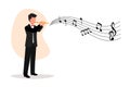 Business flat drawing male musician playing flute, standing in suit. Flutist performing classical music on wind instrument. Solo