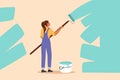 Business flat drawing painter decorator repairwoman at work. Female repair worker holding paintbrush roller, painting house Royalty Free Stock Photo