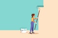 Business flat drawing professional handywoman painting wall with roller. Home repair, decoration, renovation, freshen up. Cute