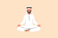 Business flat drawing relaxed Arab businessman doing yoga and resting from busy work. Male office worker sitting in yoga pose,