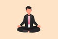 Business flat drawing relaxed businessman doing yoga and resting from busy work. Office worker sitting in yoga pose, meditation,