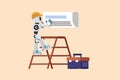 Business flat drawing robot repairman technician repairing air conditioner. Air conditioning unit repair. Humanoid cybernetic
