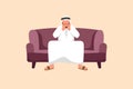 Business flat drawing sad and depressed Arabian businessman sitting on sofa and holding his head. Lonely man sitting on couch. Royalty Free Stock Photo