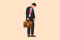 Business flat drawing sad and depressed businessman looking down, holding briefcase. Man having mental pressure or stress. Royalty Free Stock Photo