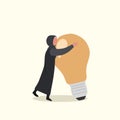 Business flat drawing smart Arab businesswoman hugs big lightbulb. Female manager with light idea bulb. Business success, creative Royalty Free Stock Photo