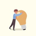 Business flat drawing smart businessman hugs big lightbulb. Male manager with light idea bulb. Business success, creative thinking Royalty Free Stock Photo