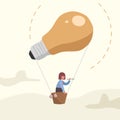Business flat drawing smart businesswoman flying on air balloon with light bulb. Cute female character looking through spyglass in Royalty Free Stock Photo