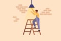Business flat drawing worker electrician standing on ladder change light bulb. Professional repairman in overalls and helmet