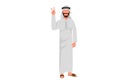 Business flat drawing young Arab businessman showing peace gestures with finger. Male character with victory sign. Expression of Royalty Free Stock Photo