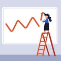 Business flat drawing young businesswoman climbing ladder, creating stock chart. Worker draw business sales growth on wall. Royalty Free Stock Photo