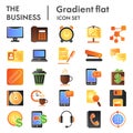 Business flat icon set, marketing symbols collection, vector sketches, logo illustrations, office signs color gradient