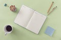 Business flat lay still life with open journal on green Royalty Free Stock Photo
