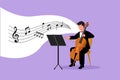 Business flat style drawing young male performer playing on contrabass. Cellist man playing cello, musician playing classical Royalty Free Stock Photo