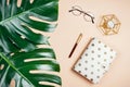 Business flatlay mockup with philodendron monstera leaves, planner, candle and glasses Royalty Free Stock Photo