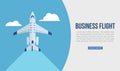 Business flight vector web template illustration. Airplane in the sky, runway and take-off plane. Webpage or banner for Royalty Free Stock Photo
