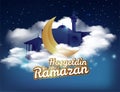 Shiny crescent image on a gold background and silhouette of a linear mosque and minimal Ã¢â¬Åramadan kareemÃ¢â¬Â design concept.