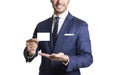 Business friendly man handing a blank business card Royalty Free Stock Photo