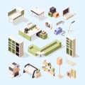 Business furniture. Office desk chairs wardrobe bedside table isometric vector low poly furniture