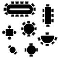 Business furniture symbols used in architecture plans icons set, top view, graphic design elements, black isolated on