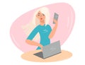 Business girl with phone and laptop. Female office worker. Pretty blonde woman uses a laptop, speaks on a mobile phone