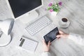 Business girl using tablet computer in office desk Royalty Free Stock Photo