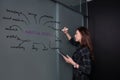 Hipster freelancer woman holding a tablet and standing near a business idea sketch on blackboard