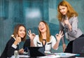 Business girls in the office and enjoy the success Royalty Free Stock Photo