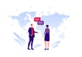 Business global communication concept. Vector flat person illustration. Male in suit talking with female. World map and talk Royalty Free Stock Photo