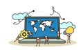 Business global earth vector map concept with laptop. PC consulting idea world. Man and woman group illustration team cartoon.