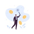 Business and global finance research concept. Vector flat illustration. Businessman with magnifying glass on planet earth icon. Royalty Free Stock Photo