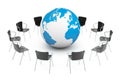 Business Global meeting. Chairs arranging round with Earth Globe