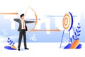 Business goal achievement concept. Vector flat cartoon illustration. Businessman aiming target with bow and arrow Royalty Free Stock Photo