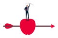 Business goal achievement, confidence businessman with archer standing on apple hit by his accurate arrow