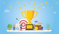 Business goal achivement company concept with big golden trophy and team people with money and graph chart - vector