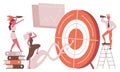 Business goal target metaphor. Career goal achievement, successful business people target focused vector illustration