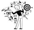 Business goal vector outline illustration, business strategy entrepreneur developing and managing his plan.