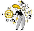 Business goal vector outline illustration, business strategy woman entrepreneur developing and managing his plan, motivation and